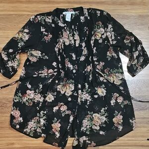 American Rag Floral Black Sheer Women's Button Up Top